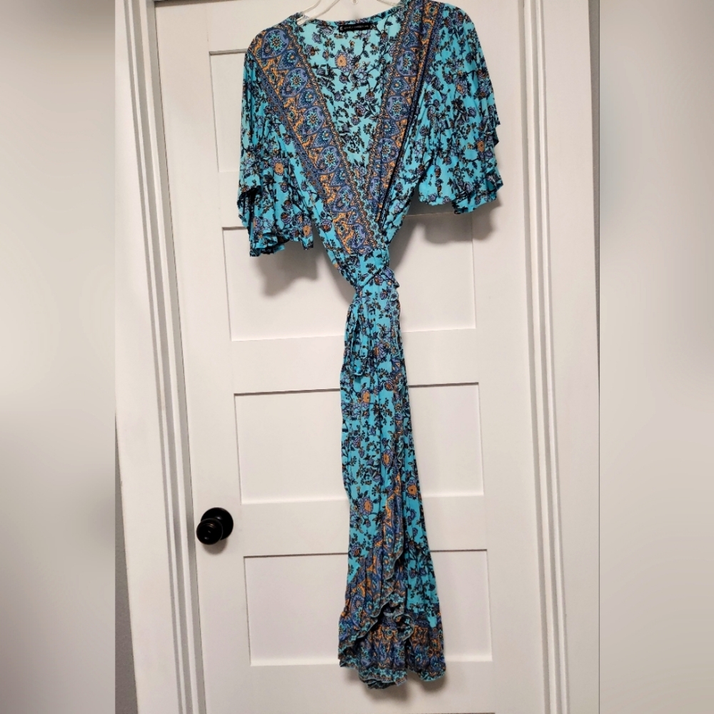 Floral Wrap Dress in Turquoise.